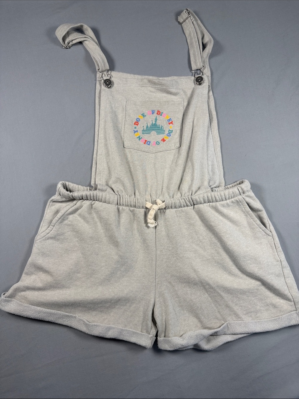 Disney Light Gray Women's Overall Shorts with Colorful Embroidered Pocket